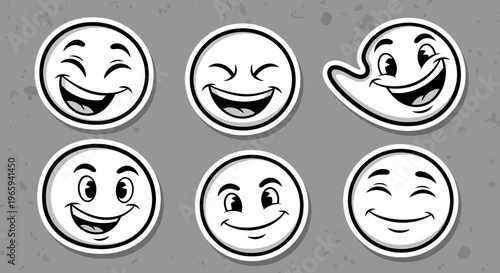 Set of happy face cartoon emojis in black and white, depicting various joyful expressions on a grey background, ideal for conveying positive emotions.