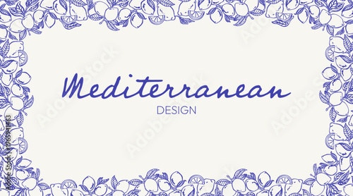 Mediterranean background with blue lemon and leaf border framing white copy space. Elegant coastal botanical layout for invitations, packaging, stationery, cards, posters and branding materials.