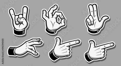 Energetic cartoon hands vector set presenting gestures such as rock and roll, okay, and pointing on a grey background, conveying attitude and direction.