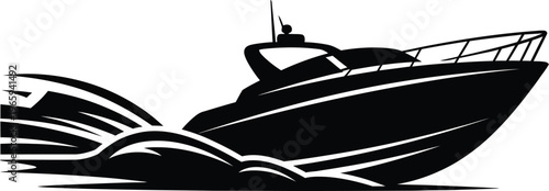 A black and white vector illustration of a sleek motorboat cutting through the ocean waves fast Vector