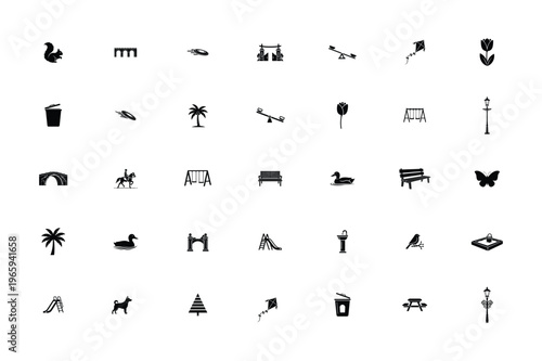 A collection of minimalist black icons depicting various park and recreational elements high quality professional