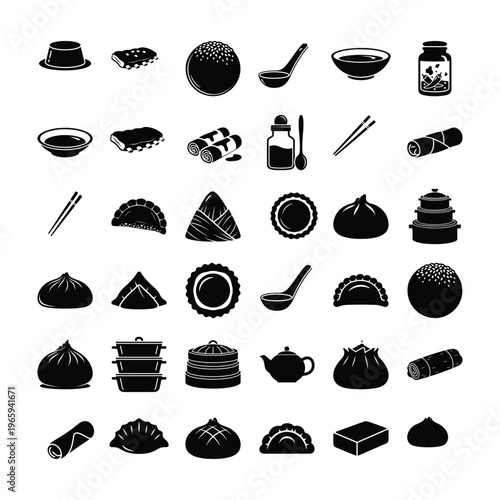 A collection of various asian cuisine icons including dumplings rolls and traditional food items