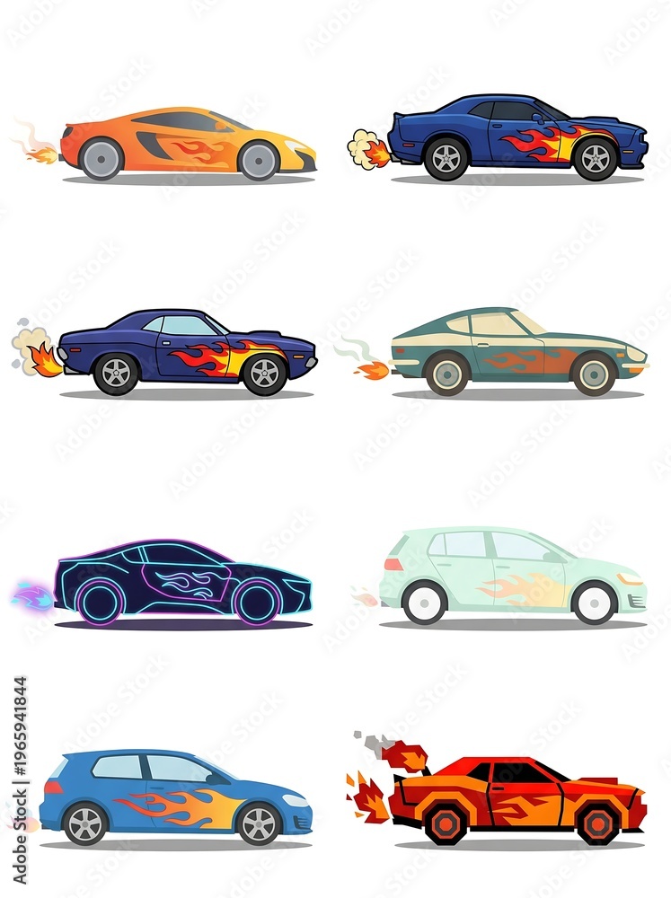 Fototapeta premium Set of diverse car illustrations with flame decals and fire exhaust, featuring sports cars, muscle cars, and modern hatchbacks on white background.