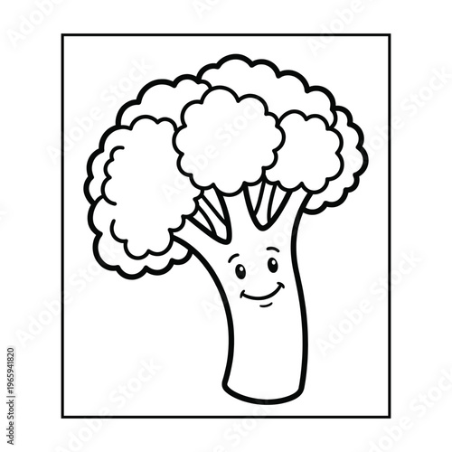 A charming cartoon illustration of a smiling broccoli stalk with a face outlined in black