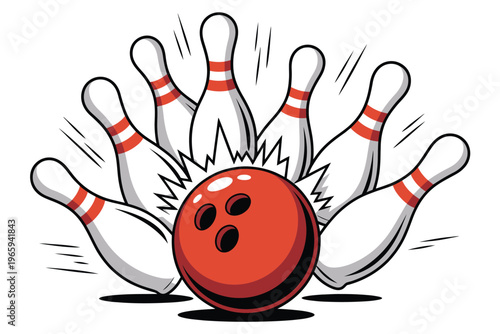 Strike in a game of bowling, ball impact with pins, indoor sport recreation, bowling competition action vector illustration featuring dynamic motion, falling pins, and a clean composition suitable 
