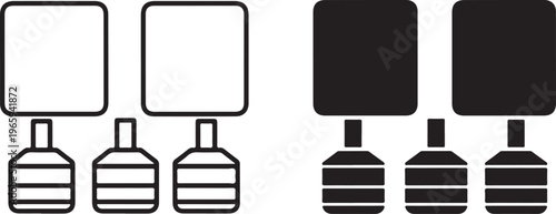 Outline and solid black of two square signs mounted on stacked cylindrical bases arranged in a horizontal row