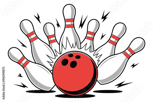 Strike in a game of bowling, depicting a bowling ball hitting pins with motion and impact effects, presented as a detailed vector illustration for indoor sports themes, competition graphics