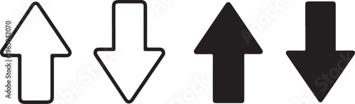 Set of four black and white arrow showing upward and downward directions with solid and outlined styles on a white background