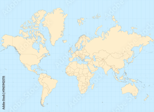 World map vector in Mercator projection with atlas-style colors, cropped 85°N–60°S and centered on Europe (10°E). Editable vector with layers named by country (English)