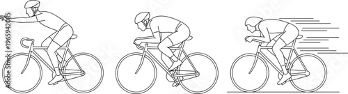 Professional Cyclist Racing Positions Vector Set Featuring Aerodynamic Speed Posture and Bicycle Motion Outline Illustration for Sport and Fitness Design