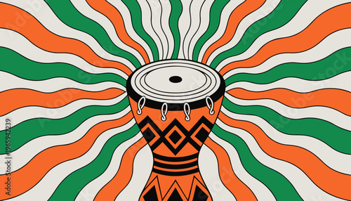 Vibrant illustration of a djembe drum with dynamic orange, green, and white background