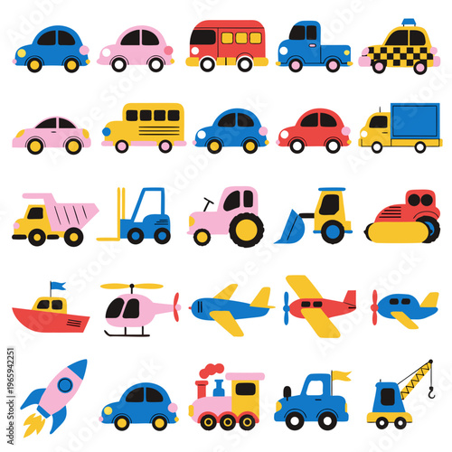 A collection of various colorful vehicles for kids