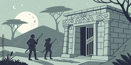 Two soldiers guarding ancient stone structure at night with moonlit background