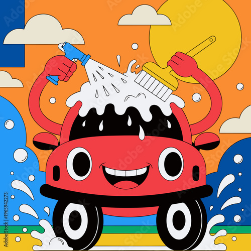 A red car with a smiling face is being washed