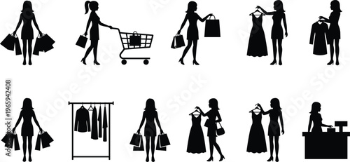 Silhouette women shopping collection, retail fashion, buying clothes, shopping bags, boutique store, consumer lifestyle, female customers, wardrobe selection, cashier checkout concept