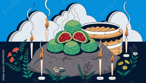 Traditional mooncakes and steamer basket with candles and flowers