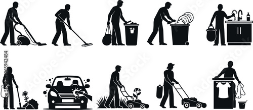 Silhouette of person with vacuum cleaner and trash bag collecting garden waste