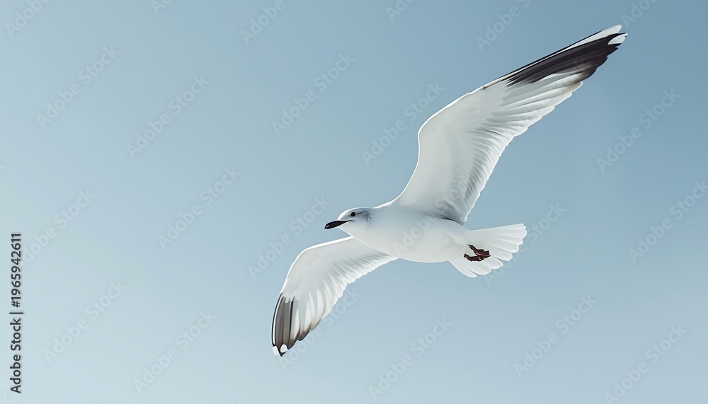 Fototapeta premium A solitary elegant white seagull gracefully glides with outstretched wings against a soft, pale blue sky.