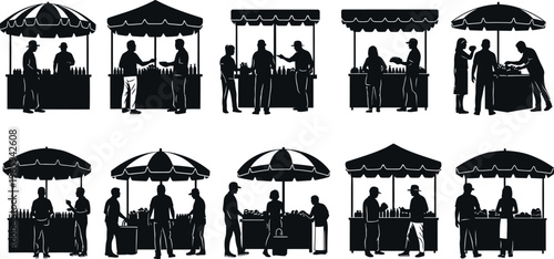 Silhouette Vendor Selling Bottles at Outdoor Market Stall with Canopy