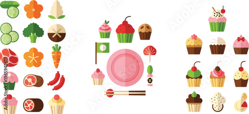 Cute food icons collection with vegetables desserts cupcakes sushi and sweets in colorful flat vector style, playful menu elements isolated on white background