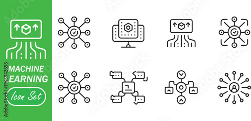 Machine Learning Icon Set - Artificial Intelligence Data Processing, Neural Network Algorithms, and Deep Learning Visualization Symbols