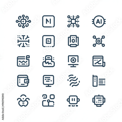 Set of dark blue technology and science on white artificial intelligence