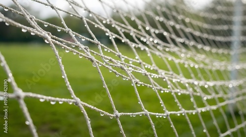 Wet football goal net with water droplets creating fresh dynamic sport texture.