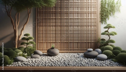 Tranquil Zen Garden with Bonsai Trees and Raked Gravel.