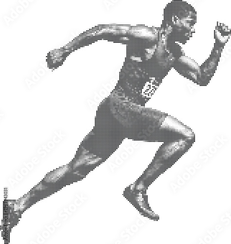 Male athlete sprinter running fast halftone design concept with dots texture for sports competition and fitness training.