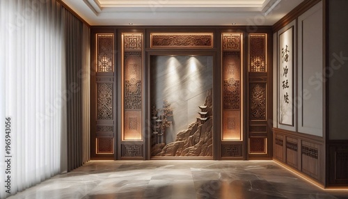 Luxurious Chinese Style Interior Design with Elegant Wood Paneling and Artistic Wall Feature.