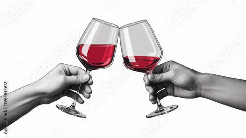 Two hands clinking wine glasses filled with red wine in a celebratory toast Vector