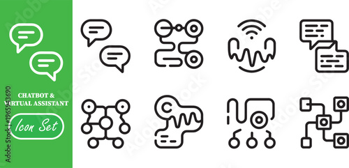 Chatbot and Virtual Assistant Line Icon Set - AI Conversational Interface, Voice Recognition, and Automation Support Symbols