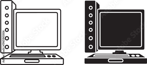 Two black and white computer monitor with side speakers and keyboards in outline and solid styles