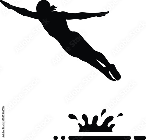 A black silhouette of a person diving into water creating a splash on a plain white background Vector