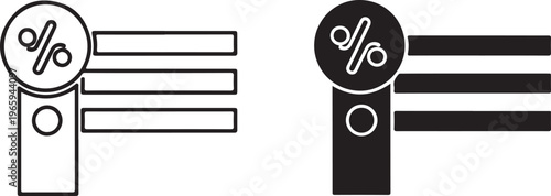 Two black and white featuring a percentage symbol inside a circle above a vertical bar with three horizontal lines and a small circle