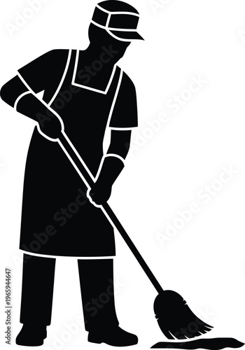A silhouette of a worker wearing an apron and a cap while sweeping the floor with a broom tool Vector