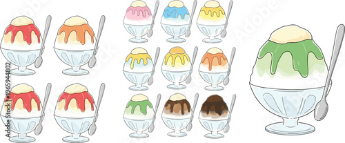 Colorful shaved ice desserts collection with syrup toppings in glass bowls in flat vector style, sweet summer treat icons isolated on white background