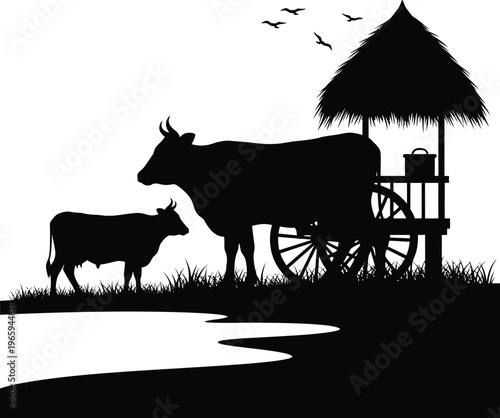 A peaceful rural landscape silhouette featuring a cow and calf near a traditional ox cart hut. Vector
