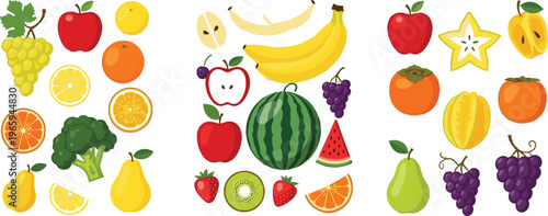 Fresh fruit collection with apples bananas grapes watermelon citrus and tropical fruits in flat vector style, colorful healthy food icons isolated on white background