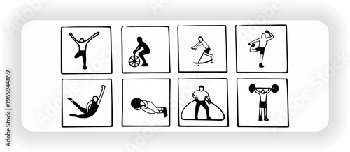 Sports and Fitness Icons Set, People Exercising Activities Collection, Workout Silhouettes, Healthy Lifestyle Vector Illustration.