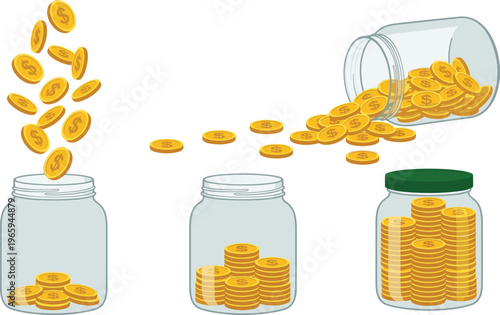 Concept of Money Savings and Financial Growth Featuring Glass Jars with Increasing Stacks of Gold Coins, Wealth Accumulation, Budgeting, and Investment Success Illustration