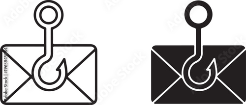 Two black and white of a fishing hook catching an envelope representing email phishing and cyber security threats