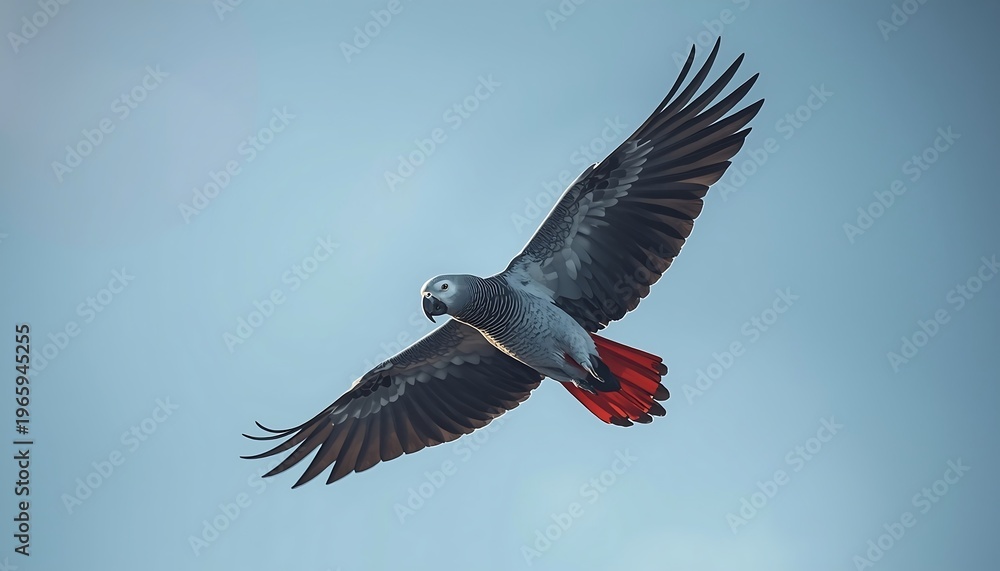 Fototapeta premium A majestic African Grey Parrot with striking red tail feathers soars gracefully through a pale blue sky.