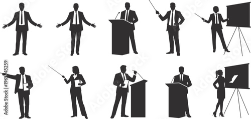 Business presentation silhouettes set, speaker, lecturer, trainer, meeting, conference, pointing figures, professional people isolated on white background collection