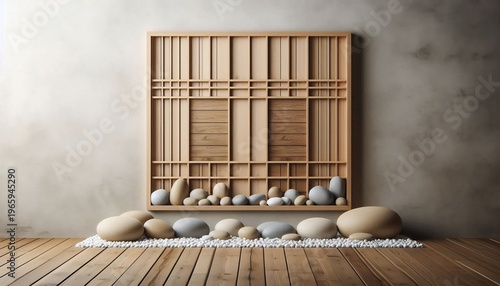 Zen Garden Inspired Wooden Wall Art with Smooth River Stones.