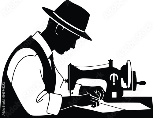 A detailed silhouette illustration of a focused tailor working at an old vintage sewing machine Vector