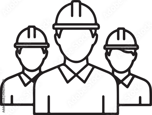 Three workers team in hard hats and work clothes symbol for construction or industry.