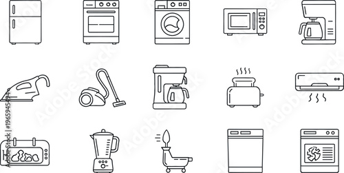 Kitchen Appliance Icon Set Featuring Refrigerator, Oven, Washer, Microwave, Coffee Maker, Toaster, and Vacuum for Websites, Apps, and Digital Media