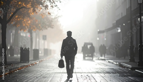 Man Walking Alone in Foggy City Street.