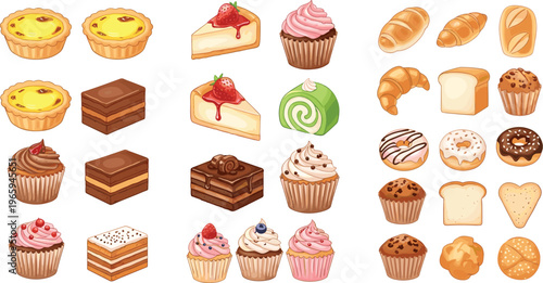 Bakery desserts and pastries collection with cupcakes cakes donuts bread and sweets in flat vector style, colorful confectionery set isolated on white background